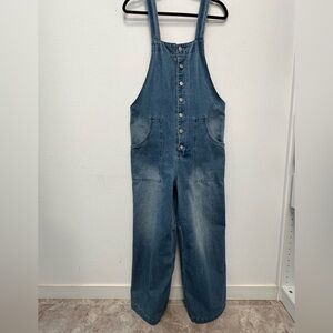Vintage Style Denim Wide Leg Jumpsuit Overalls Button Front